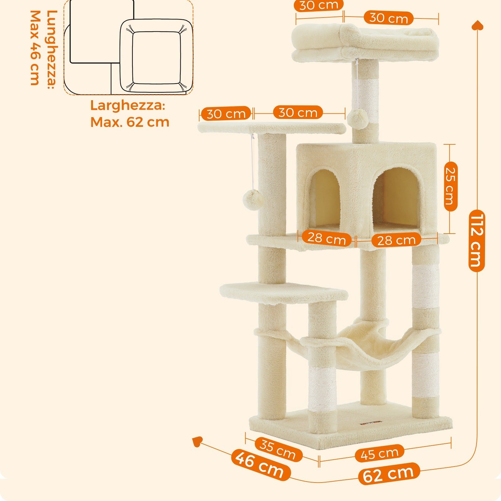 Feandrea Albero per Gatti 112 cm di Altezza, Tiragraffi per Gatti, con 4 Posti Tiragraffi, 2 Piattaforme, 1 Grotta, 1 Amaca, 2 Pompon, Peluche Multi-Livello