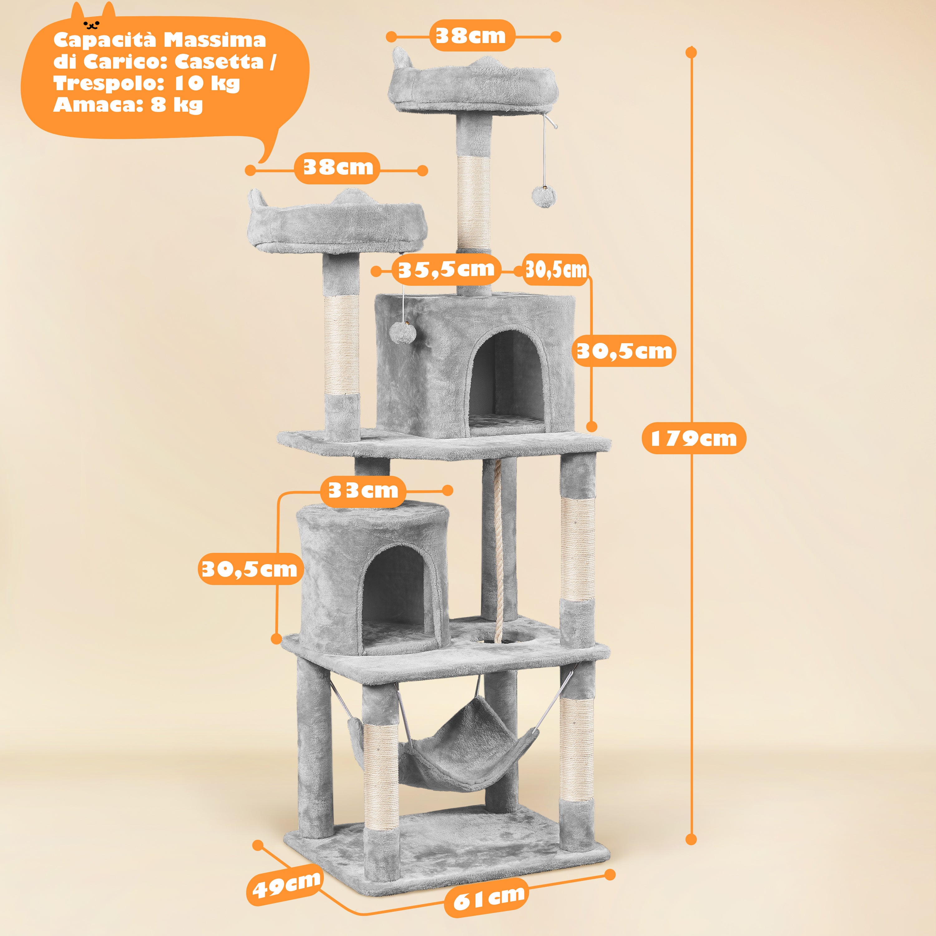 Albero per Gatti Multi-Livello 158cm | Tiragraffi con Amache e Piattaforme | Costoffs