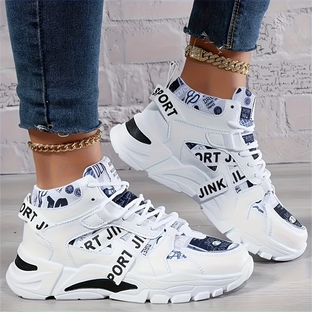 Sneakers Alte da Donna - Bianche con Accenti Graffiti Nero/Rosso/Grigio - Tomaia Sintetica Traspirante e Arco Ammortizzato EVA - Scarpe per Palestra, Viaggio e Lavoro - Lacci Bianchi e Opzioni Colore Nero/Rosso/Bianco