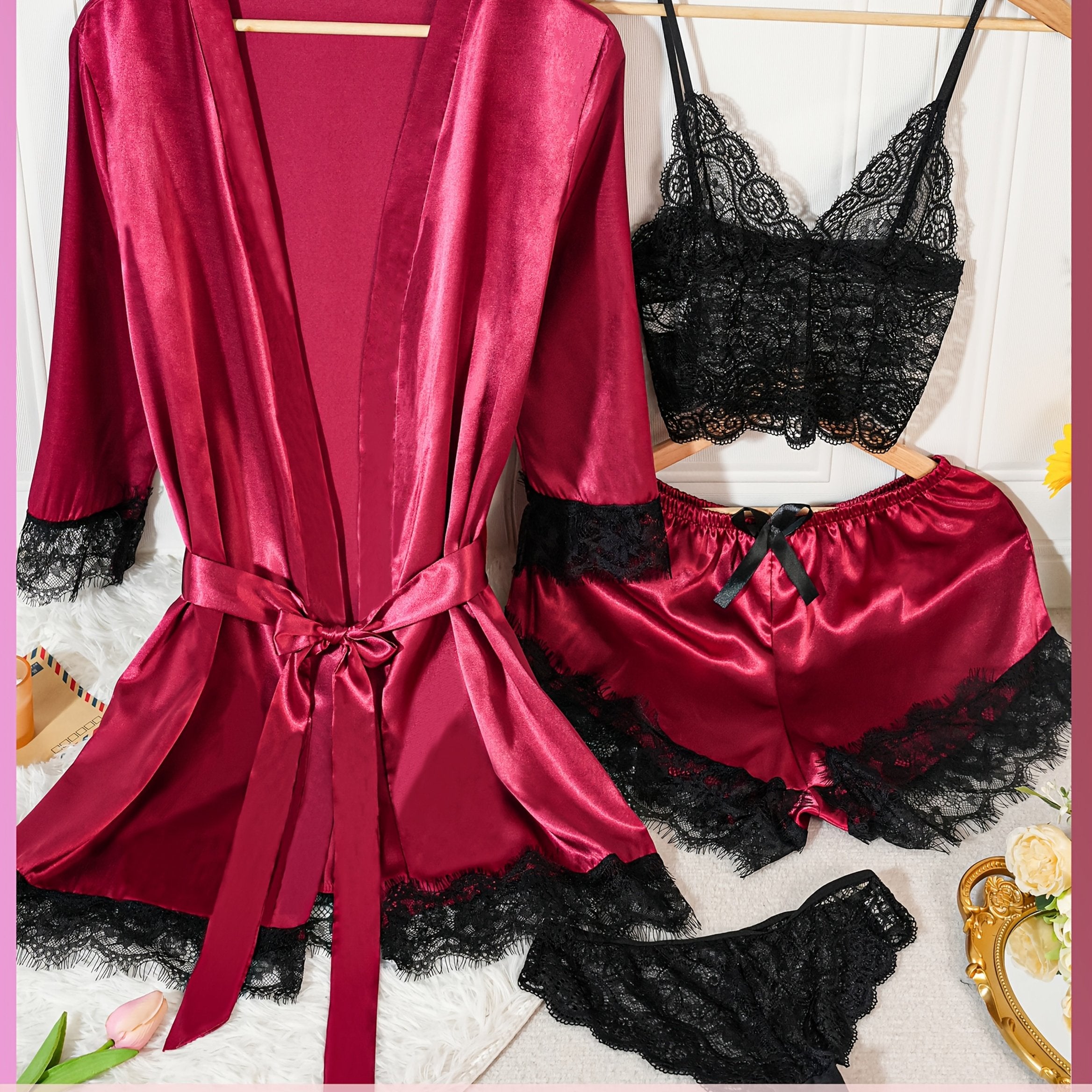 Set Intimo Elegante da Donna 4 Pezzi - Vestaglia a Maniche Lunghe con Pizzo e Coordinato Intimo (Reggiseno e Slip a Vita Alta) - Rosa/Nero/Blu Navy - Lavaggio a Mano