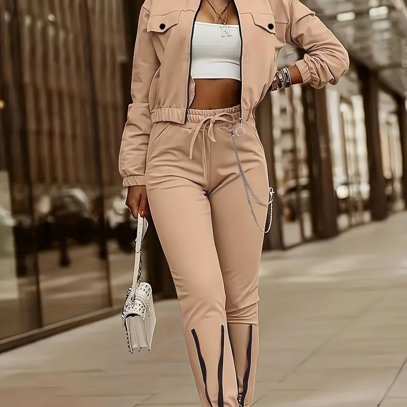 Completo Donna Due Pezzi con Zip - Felpa a Maniche Lunghe e Pantaloni a Righe, Stile Casual Elegante, Collezione Autunno/Inverno