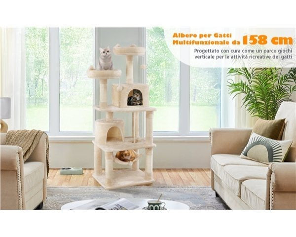 Albero per Gatti Multi-Livello 158cm | Tiragraffi con Amache e Piattaforme | Costoffs